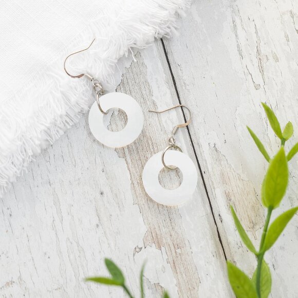 Recycled Vintage White Cold Cream Jar Glass Hoop Earrings - Picture 2 of 6